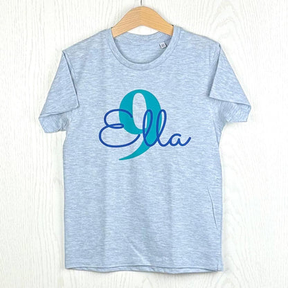 GEBURTSTAGSSHIRT für Baby und Kind mit Namen personalisiert T-Shirt aus Baumwolle Hellblau meliert