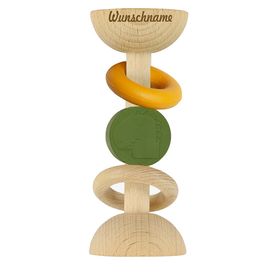 Trixie Rassel Baby aus Holz und Silikon PERSONALISIERT mit Name graviert Greifstab für Baby Geschenk zur Geburt Dino