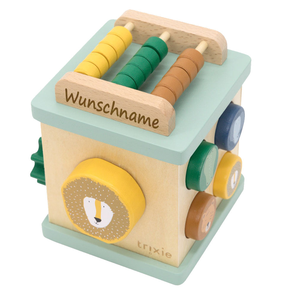 Kleiner Motorikwürfel Holzspielzeug Aktivitätswürfel für Babys personalisiert mit Namen ab 12 Monaten
