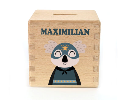 Spardose personalisiert mit Motiv Koala und Name Bedruckt für Kinder Sparwürfel zum Geburtstag als Geldgeschenk zur Geburt