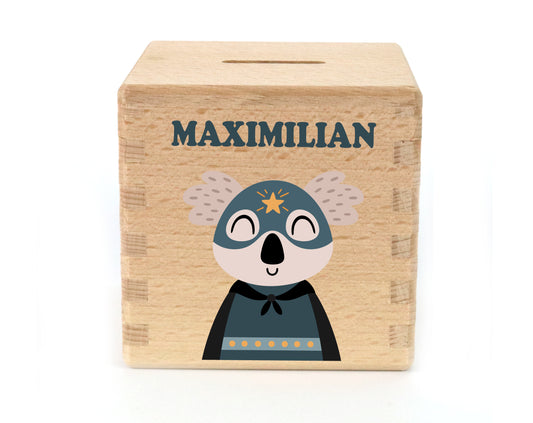 Spardose personalisiert mit Motiv Koala und Name Bedruckt für Kinder Sparwürfel zum Geburtstag als Geldgeschenk zur Geburt