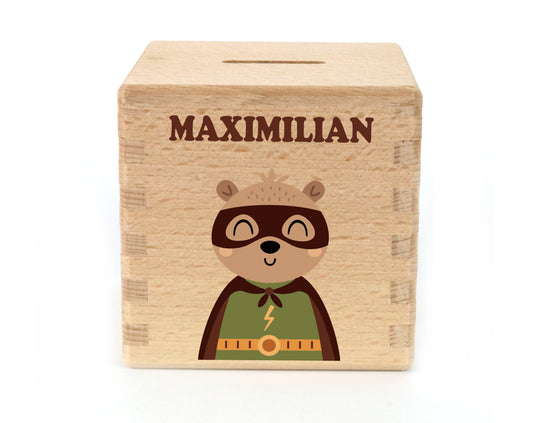 Spardose personalisiert mit Motiv Bär und Name Bedruckt für Kinder Sparwürfel zum Geburtstag als Geldgeschenk zur Geburt
