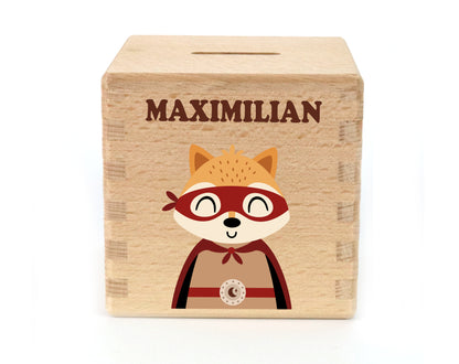 Spardose personalisiert mit Motiv Fuchs und Name Bedruckt für Kinder Sparwürfel zum Geburtstag als Geldgeschenk zur Geburt