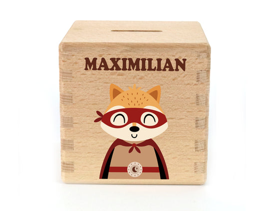 Spardose personalisiert mit Motiv Fuchs und Name Bedruckt für Kinder Sparwürfel zum Geburtstag als Geldgeschenk zur Geburt