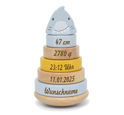 Personalisierter Stapelturm aus Holz von Trixie mit Namen und Geburtsdaten graviert Geburtsgeschenk HAI