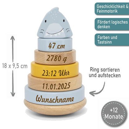 Personalisierter Stapelturm aus Holz von Trixie mit Namen und Geburtsdaten graviert Geburtsgeschenk HAI