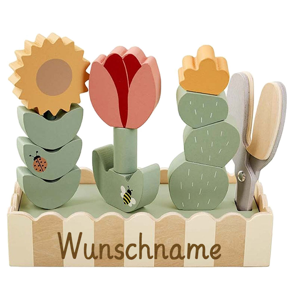 Stapelspielzeug Blumen aus Holz, personalisiert, Kreatives Gartenset mit Sonnenblume, Tulpe & Kaktus, Gartenschere und Holzbox