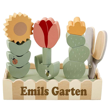 Stapelspielzeug Blumen aus Holz, personalisiert, Kreatives Gartenset mit Sonnenblume, Tulpe & Kaktus, Gartenschere und Holzbox