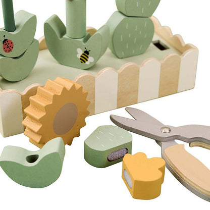 Stapelspielzeug Blumen aus Holz, personalisiert, Kreatives Gartenset mit Sonnenblume, Tulpe & Kaktus, Gartenschere und Holzbox