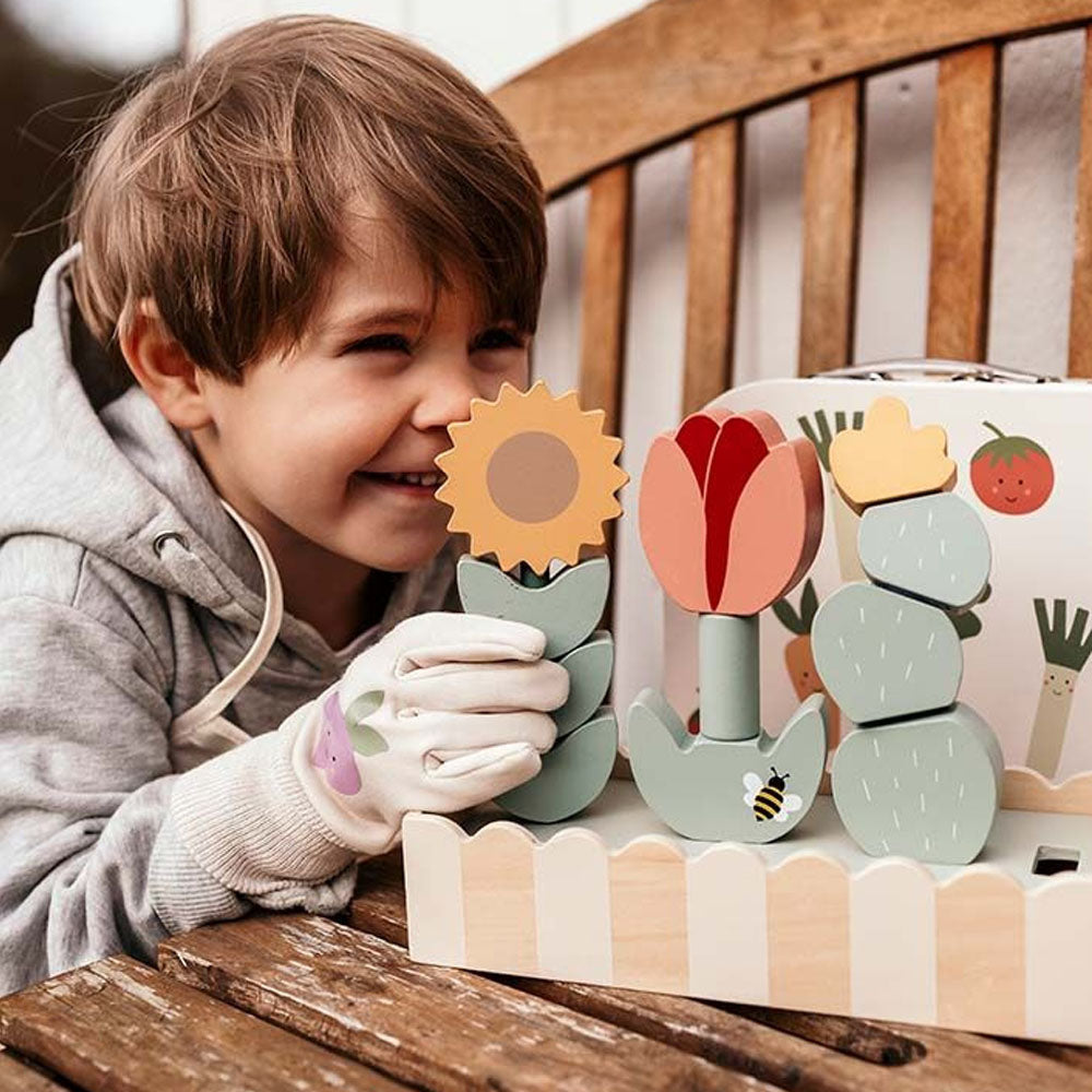 Stapelspielzeug Blumen aus Holz, personalisiert, Kreatives Gartenset mit Sonnenblume, Tulpe & Kaktus, Gartenschere und Holzbox