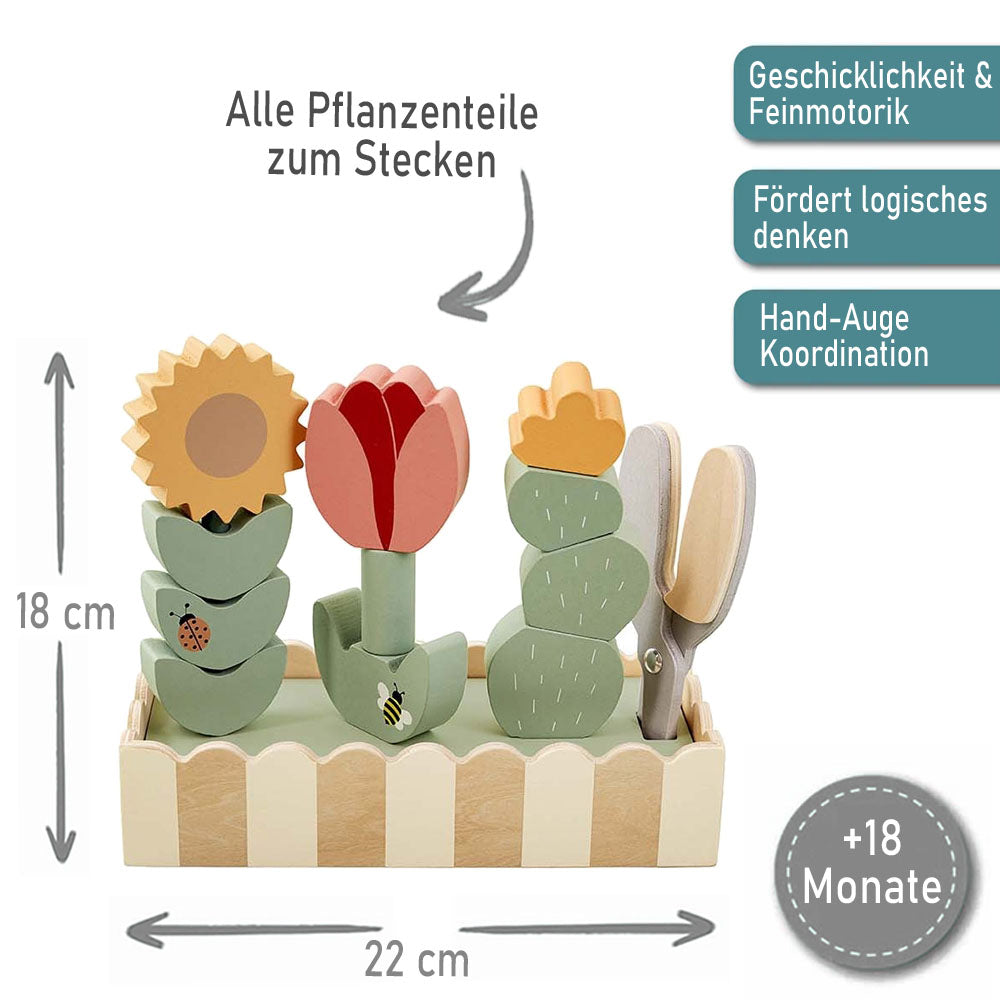 Stapelspielzeug Blumen aus Holz, personalisiert, Kreatives Gartenset mit Sonnenblume, Tulpe & Kaktus, Gartenschere und Holzbox