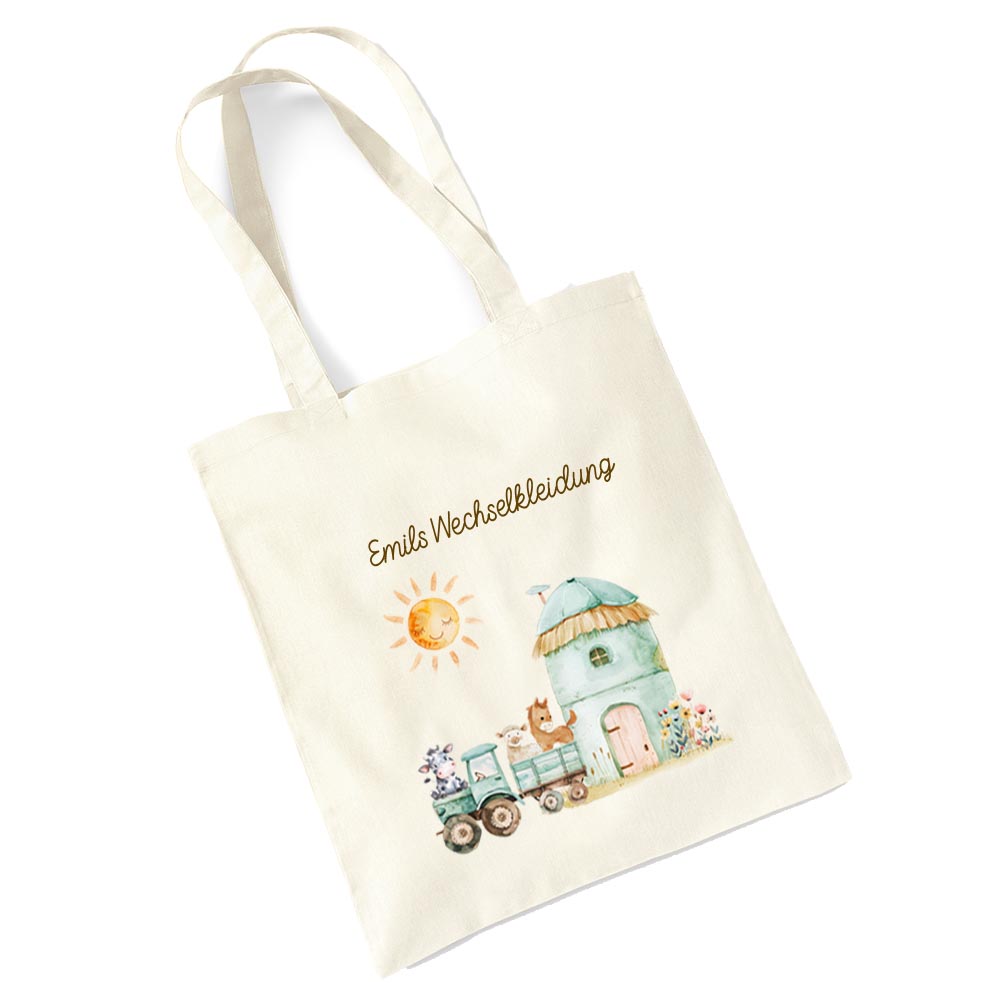 Personalisierte Baumwoll-Stofftasche mit Namen, Bauernhof-Design, 100% Baumwolle, Natur, 37x42 cm oder 26x32 cm (Kopie)