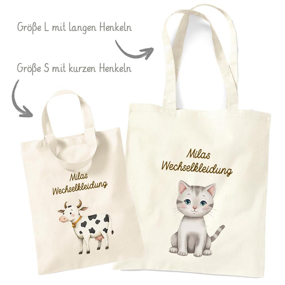 Personalisierte Baumwoll-Stofftasche mit Namen, Bauerntiere, 100% Baumwolle, Natur, 37x42 cm oder 26x32 cm