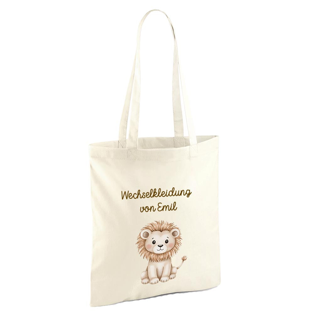 Personalisierte Baumwoll-Stofftasche mit Namen, Dschungeltiere, 100% Baumwolle, Natur, 37x42 cm oder 26x32 cm