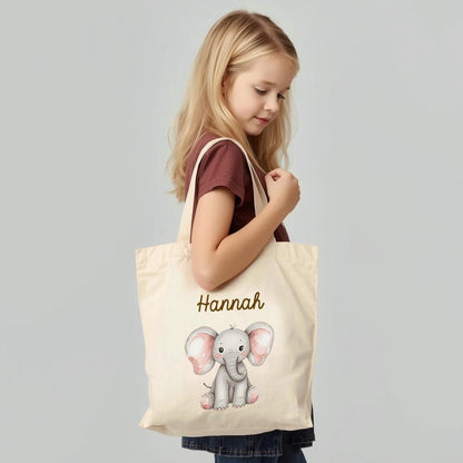 Personalisierte Baumwoll-Stofftasche mit Namen, Dschungeltiere, 100% Baumwolle, Natur, 37x42 cm oder 26x32 cm