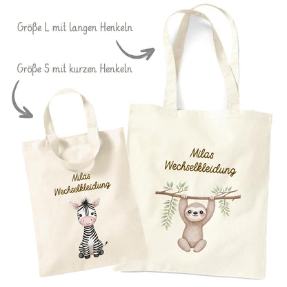 Personalisierte Baumwoll-Stofftasche mit Namen, Dschungeltiere, 100% Baumwolle, Natur, 37x42 cm oder 26x32 cm
