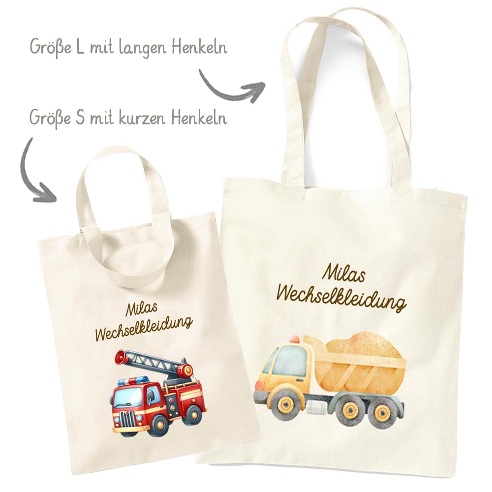 Personalisierte Baumwoll-Stofftasche mit Namen, Fahrzeug, 100% Baumwolle, Natur, 37x42 cm oder 26x32 cm