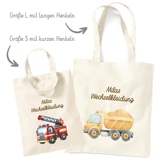 Personalisierte Baumwoll-Stofftasche mit Namen, Fahrzeug, 100% Baumwolle, Natur, 37x42 cm oder 26x32 cm