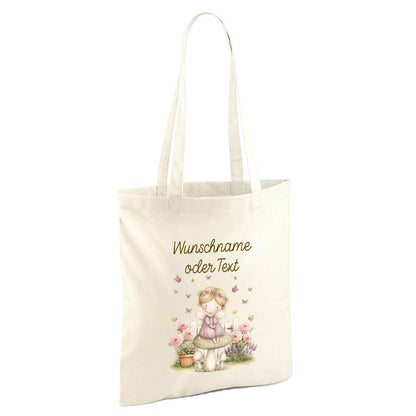 Personalisierte Baumwoll-Stofftasche mit Namen, Fee auf Pilz, 100% Baumwolle, Natur, 37x42 cm oder 26x32 cm