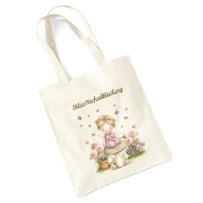 Personalisierte Baumwoll-Stofftasche mit Namen, Fee auf Pilz, 100% Baumwolle, Natur, 37x42 cm oder 26x32 cm