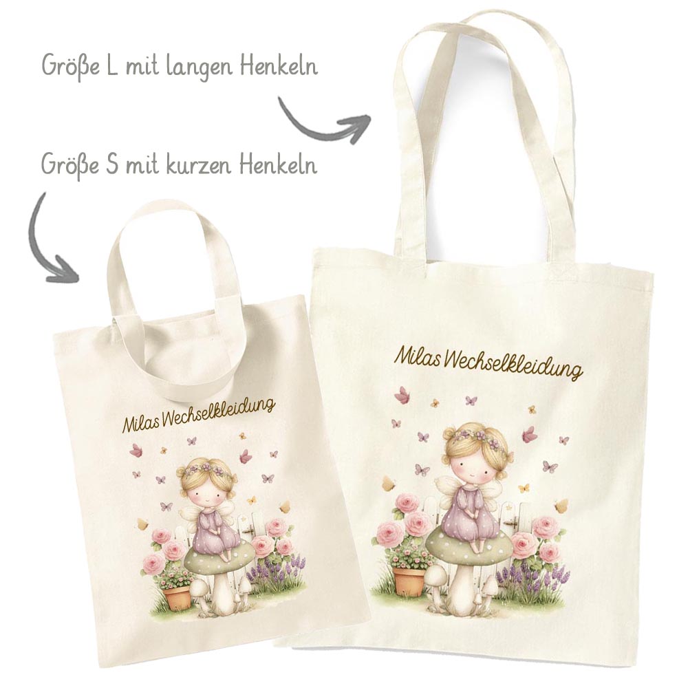 Personalisierte Baumwoll-Stofftasche mit Namen, Fee auf Pilz, 100% Baumwolle, Natur, 37x42 cm oder 26x32 cm