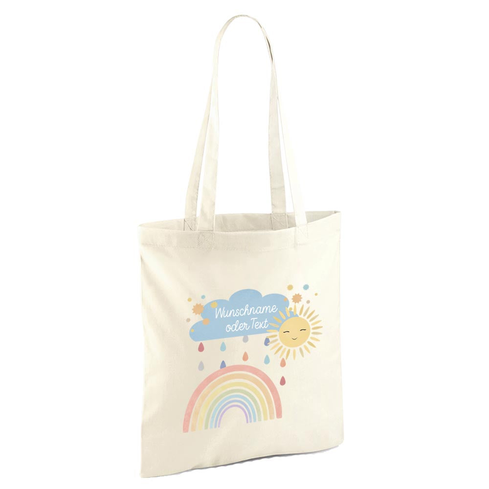 Personalisierte Baumwoll-Stofftasche mit Namen, Regenbogen-Design, 100% Baumwolle, Natur, 37x42 cm oder 26x32 cm