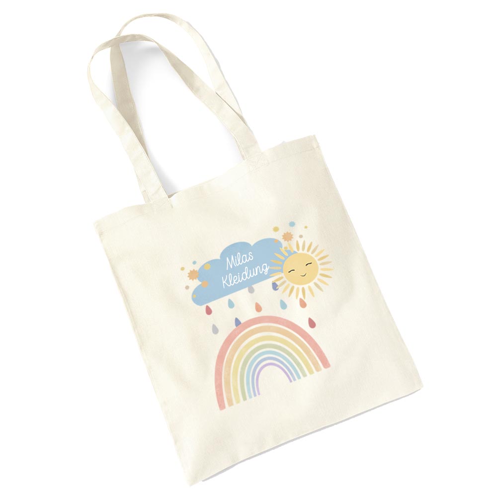 Personalisierte Baumwoll-Stofftasche mit Namen, Regenbogen-Design, 100% Baumwolle, Natur, 37x42 cm oder 26x32 cm