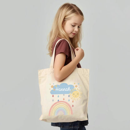 Personalisierte Baumwoll-Stofftasche mit Namen, Regenbogen-Design, 100% Baumwolle, Natur, 37x42 cm oder 26x32 cm