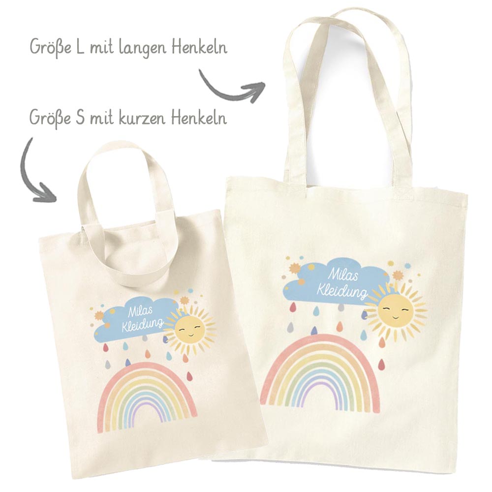 Personalisierte Baumwoll-Stofftasche mit Namen, Regenbogen-Design, 100% Baumwolle, Natur, 37x42 cm oder 26x32 cm