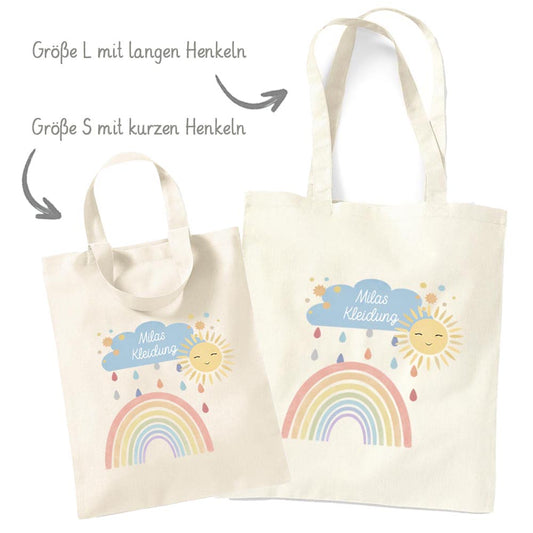 Personalisierte Baumwoll-Stofftasche mit Namen, Regenbogen-Design, 100% Baumwolle, Natur, 37x42 cm oder 26x32 cm
