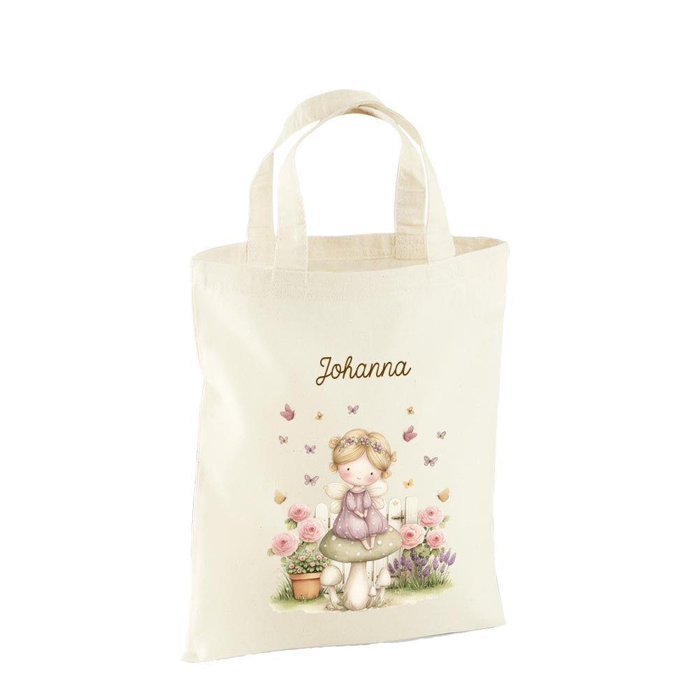 Personalisierte Baumwoll-Stofftasche mit Namen, Fee auf Pilz, 100% Baumwolle, Natur, 37x42 cm oder 26x32 cm