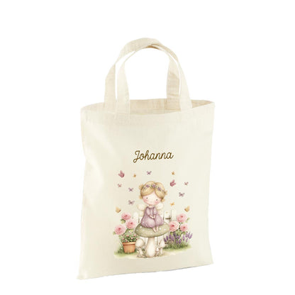 Personalisierte Baumwoll-Stofftasche mit Namen, Fee auf Pilz, 100% Baumwolle, Natur, 37x42 cm oder 26x32 cm