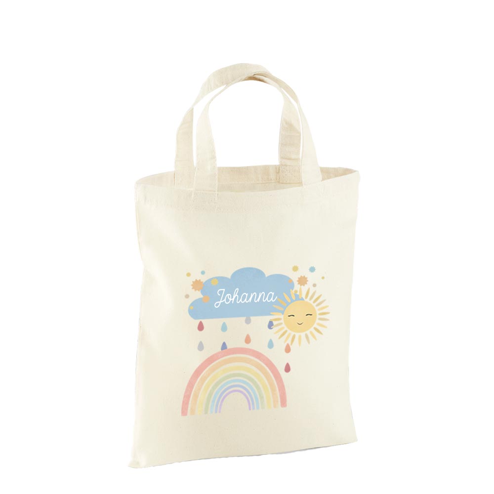 Personalisierte Baumwoll-Stofftasche mit Namen, Regenbogen-Design, 100% Baumwolle, Natur, 37x42 cm oder 26x32 cm