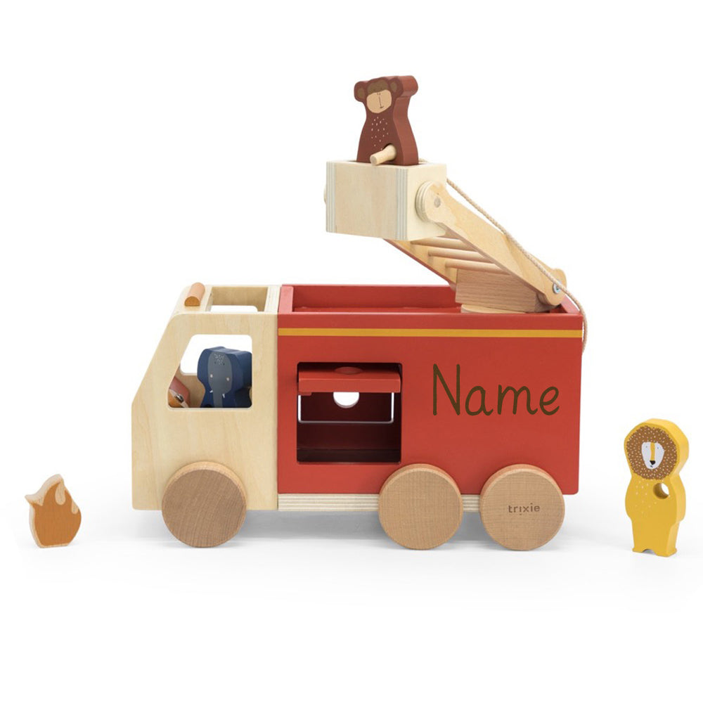 Feuerwehrauto personalisiert aus Holz mit Tieren von Trixie Holz Feuerwehr Auto groß Kinder Fahrzeug mit Namen graviert