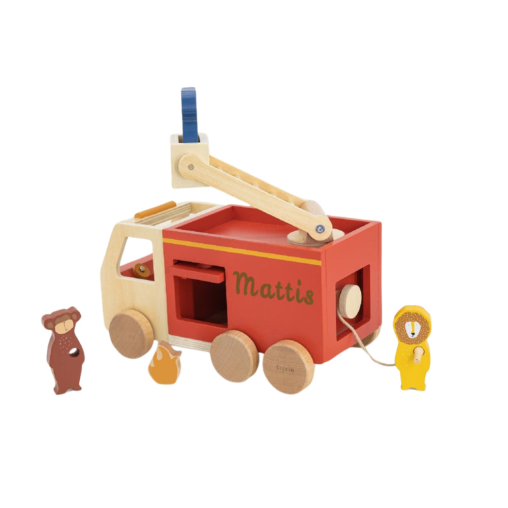 Feuerwehrauto personalisiert aus Holz mit Tieren von Trixie Holz Feuerwehr Auto groß Kinder Fahrzeug mit Namen graviert