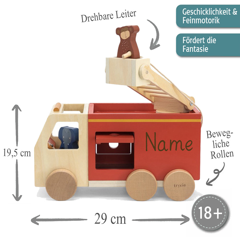 Feuerwehrauto personalisiert aus Holz mit Tieren von Trixie Holz Feuerwehr Auto groß Kinder Fahrzeug mit Namen graviert