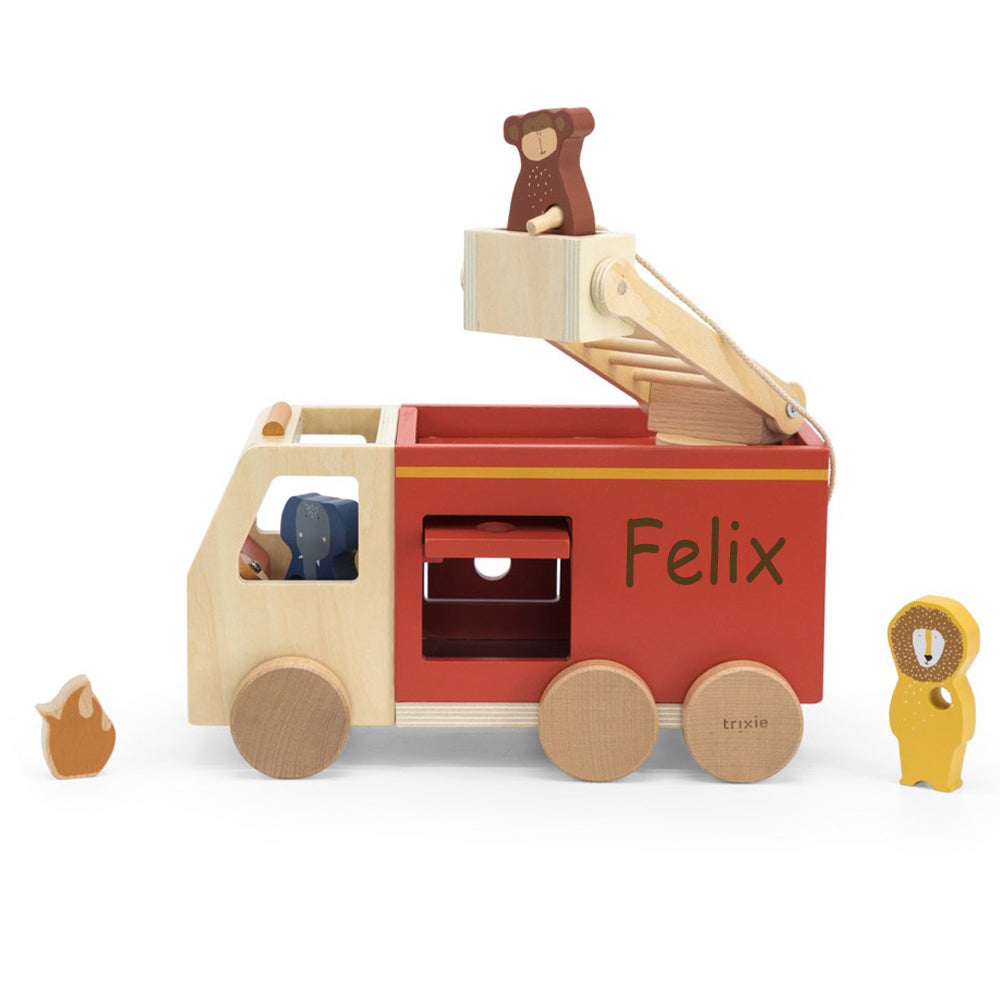 Feuerwehrauto personalisiert aus Holz mit Tieren von Trixie Holz Feuerwehr Auto groß Kinder Fahrzeug mit Namen graviert