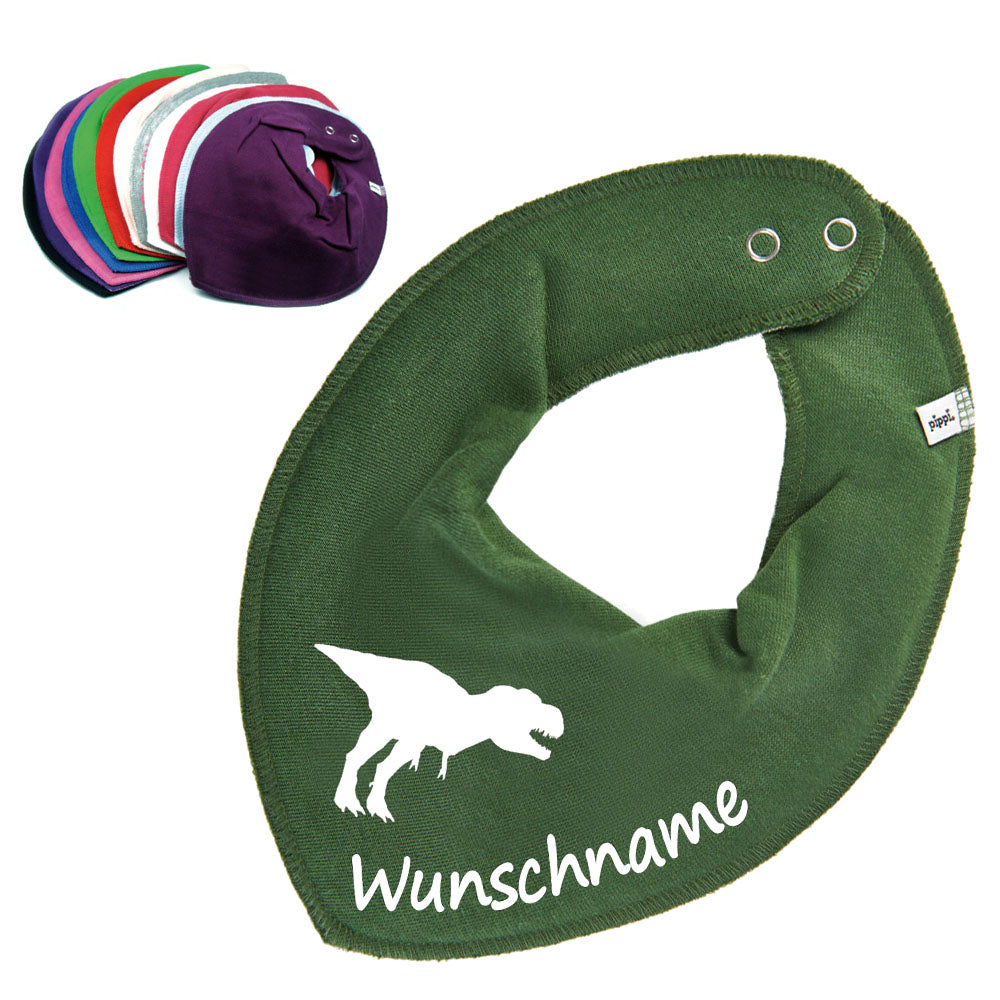 HALSTUCH Dino mit Name oder Text personalisiert für Baby oder Kind aus Baumwolle in Einheitsgröße verschiedene Farben