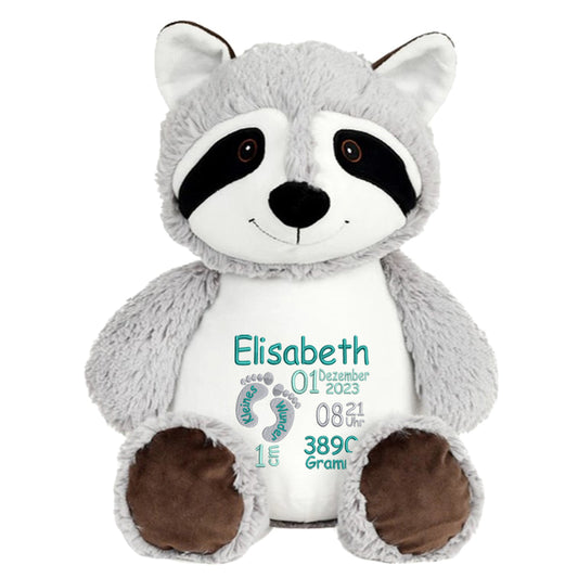 Personalisiertes Stofftier Waschbär Kuscheltier Bestickt Plüschtier zur Geburt Stickmotiv Füßchen