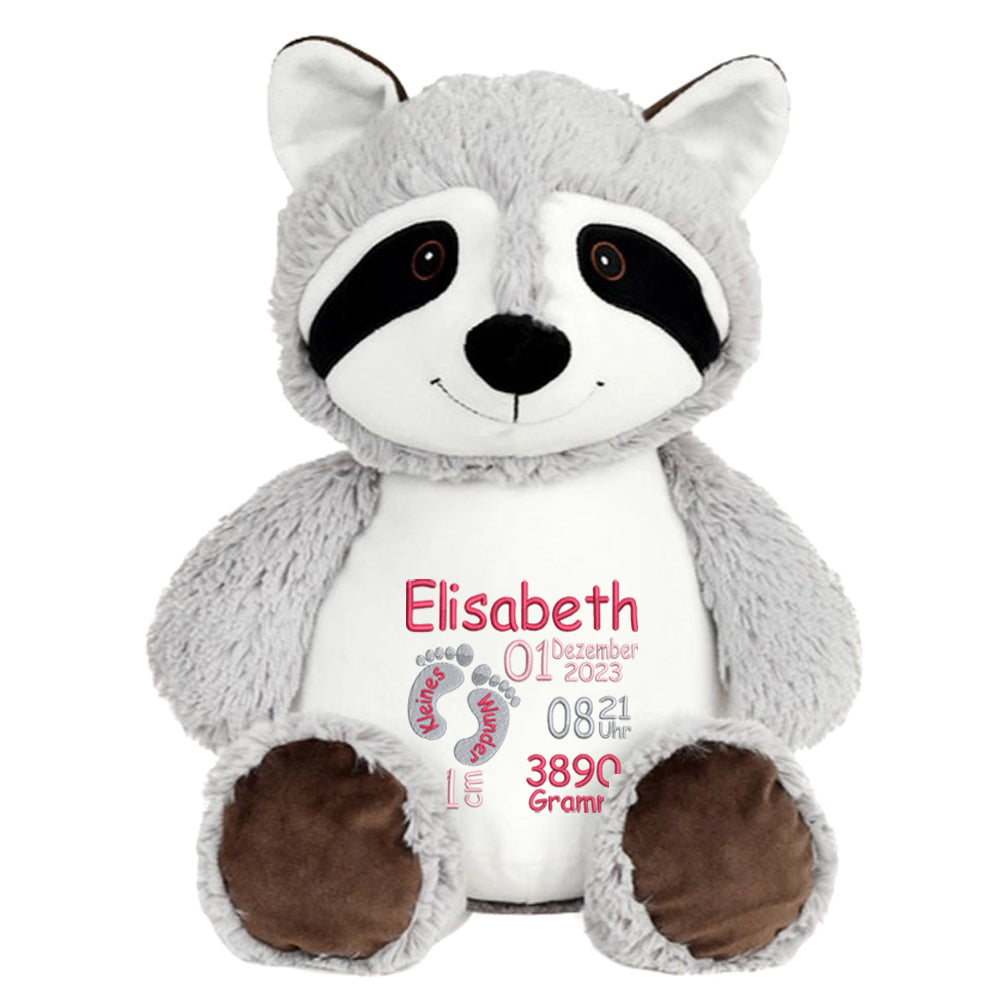 Personalisiertes Stofftier Waschbär Kuscheltier Bestickt Plüschtier zur Geburt Stickmotiv Füßchen