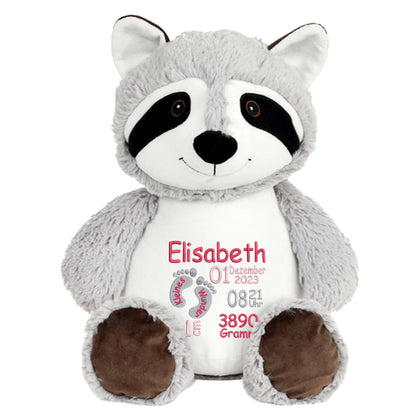 Personalisiertes Stofftier Waschbär Kuscheltier Bestickt Plüschtier zur Geburt Stickmotiv Füßchen