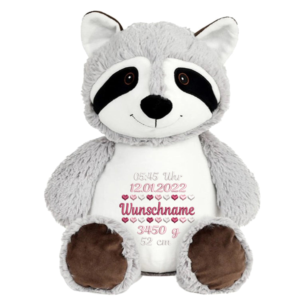 Personalisiertes Stofftier Waschbär Kuscheltier Bestickt Plüschtier zur Geburt Stickmotiv Geburtsdaten