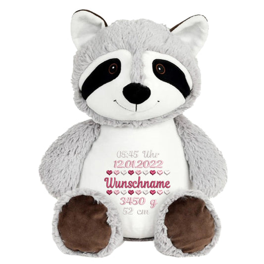 Personalisiertes Stofftier Waschbär Kuscheltier Bestickt Plüschtier zur Geburt Stickmotiv Geburtsdaten