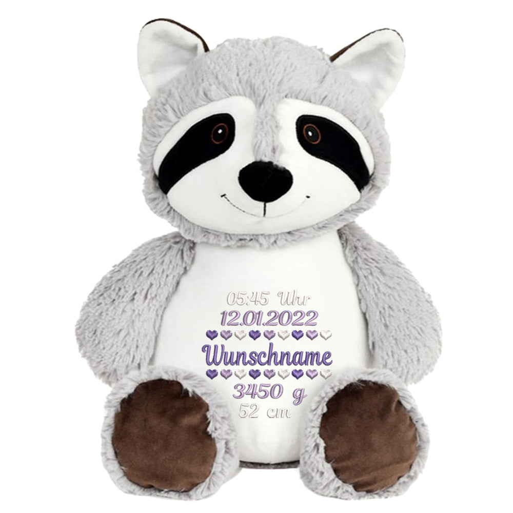 Personalisiertes Stofftier Waschbär Kuscheltier Bestickt Plüschtier zur Geburt Stickmotiv Geburtsdaten
