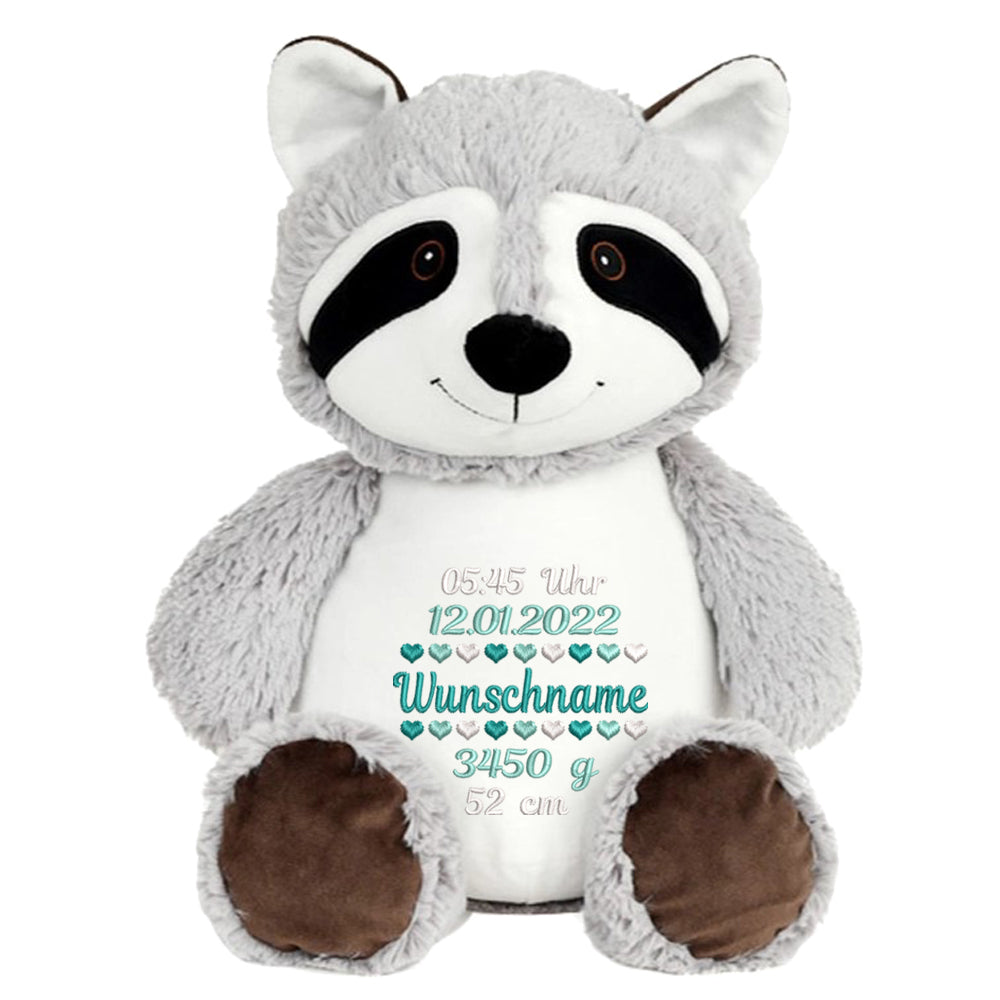 Personalisiertes Stofftier Waschbär Kuscheltier Bestickt Plüschtier zur Geburt Stickmotiv Geburtsdaten