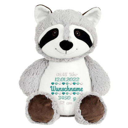 Personalisiertes Stofftier Waschbär Kuscheltier Bestickt Plüschtier zur Geburt Stickmotiv Geburtsdaten