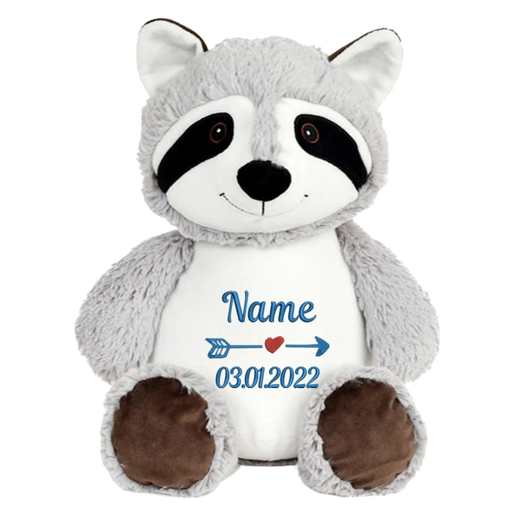 Personalisiertes Stofftier Waschbär Kuscheltier Bestickt Plüschtier zur Geburt Stickmotiv Name und Datum