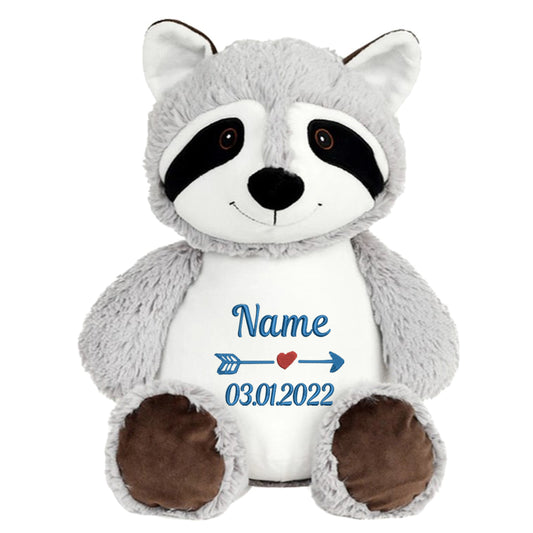 Personalisiertes Stofftier Waschbär Kuscheltier Bestickt Plüschtier zur Geburt Stickmotiv Name und Datum