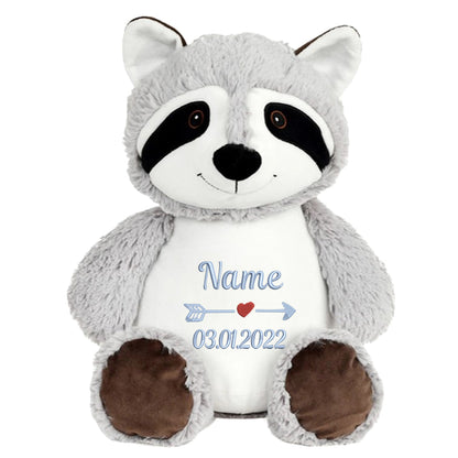 Personalisiertes Stofftier Waschbär Kuscheltier Bestickt Plüschtier zur Geburt Stickmotiv Name und Datum