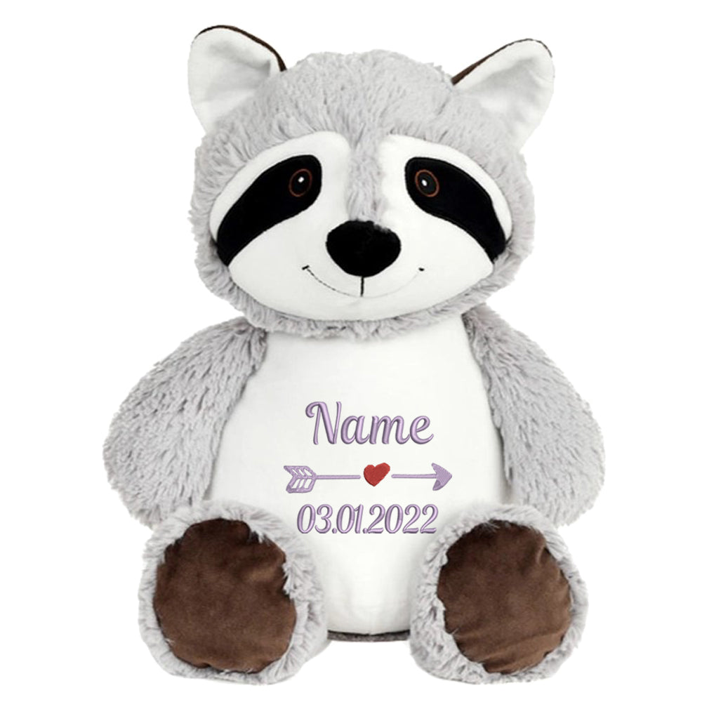 Personalisiertes Stofftier Waschbär Kuscheltier Bestickt Plüschtier zur Geburt Stickmotiv Name und Datum